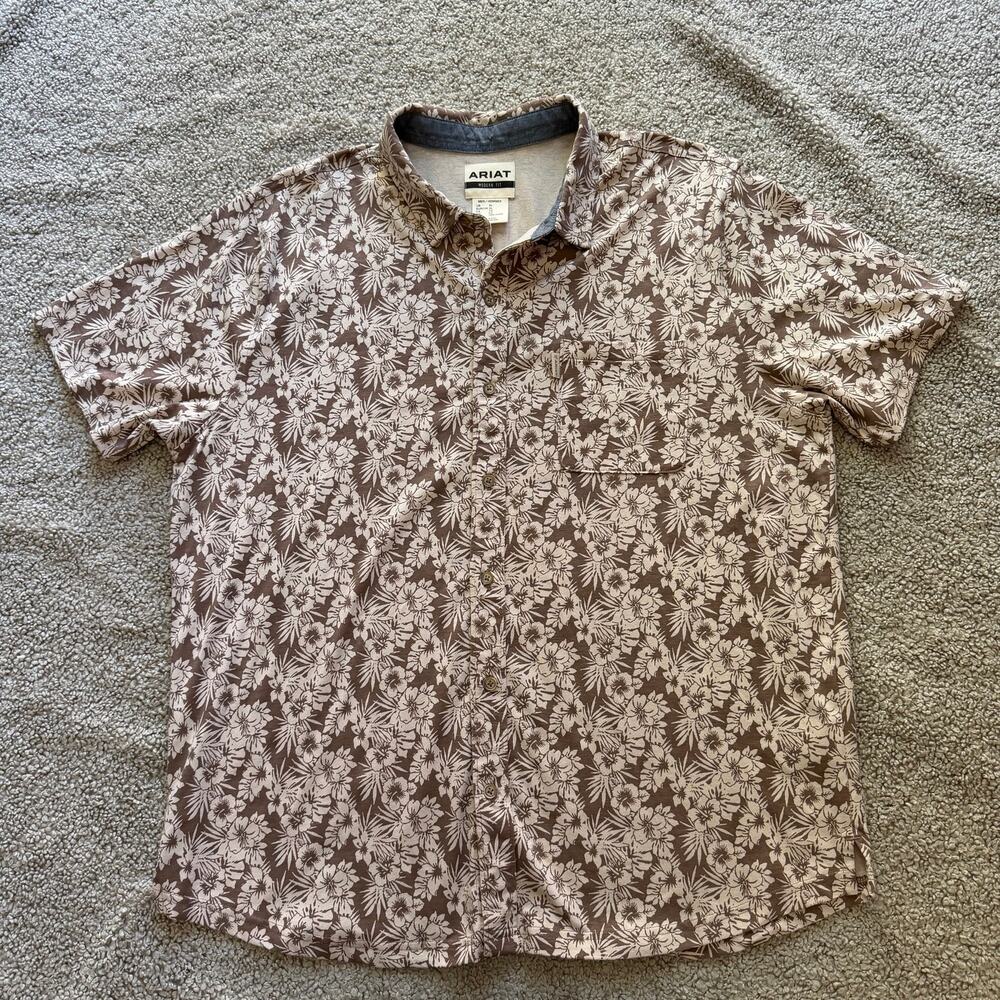 Ariat Men's Retro Button Down Shirt Floral Hawaiian Size XL Tan Brown